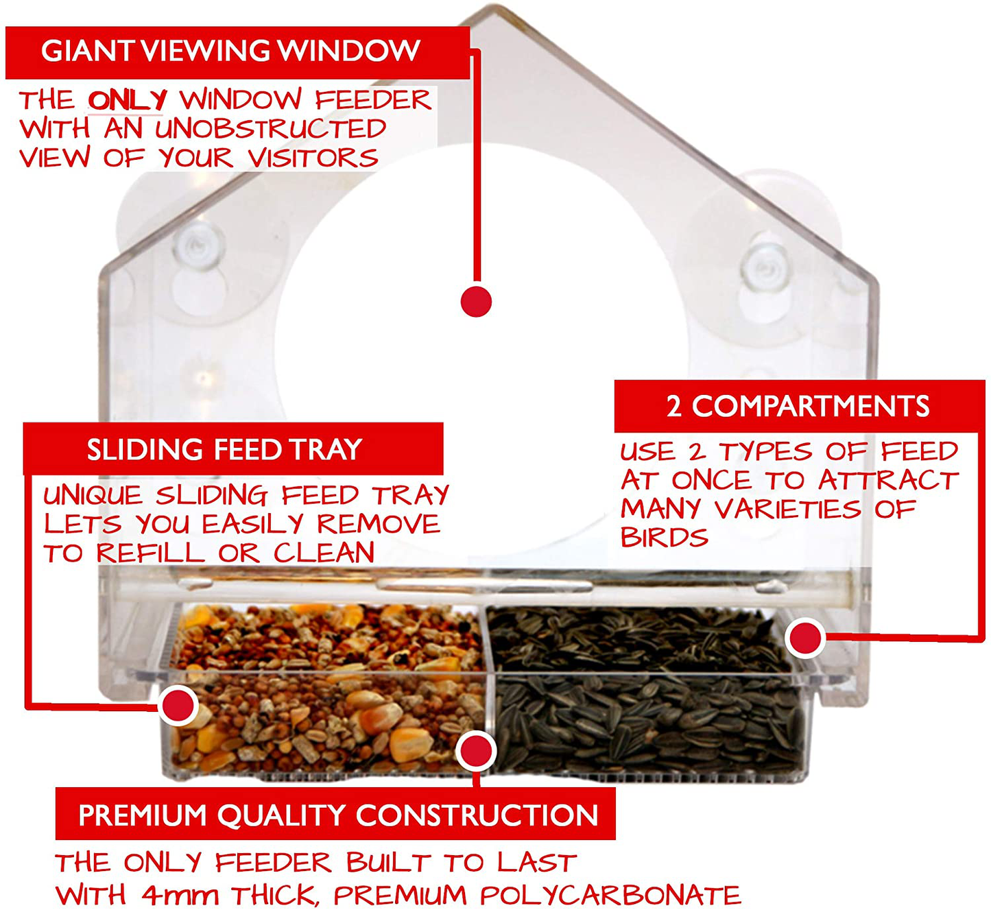 Window Bird House Feeder by Nature Anywhere with Sliding Seed Holder and 4 Extra Strong Suction Cups. Large Outdoor Birdfeeders for Wild Birds. Birdhouse Shape.