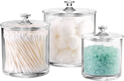 Premium Quality Acrylic Qtip Holder Apothecary Jars Bathroom Vanity Organizer Canister for Qtips,Cotton Swabs,Cotton Balls,Cosmetic Pads,Flossers,Nail Polish,Bath Salts,Clear,Plastic | 3-Pack