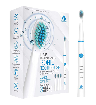 Pursonic Sonic Technology Electric Toothbrush for Kids and Adults, 2 Minute Timer Powered Rechargeable Toothbrush, 5 Modes 3 Brush Heads, 30 Days Long Battery Life, Waterproof, White