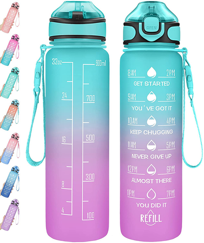 Water Bottle 32oz with Straw, Motivational Water Bottle with Time Marker & Buckle Strap,Leak-Proof Tritan BPA-Free, Ensure You Drink Enough Water for Fitness, Gym, Camping, Outdoor Sports