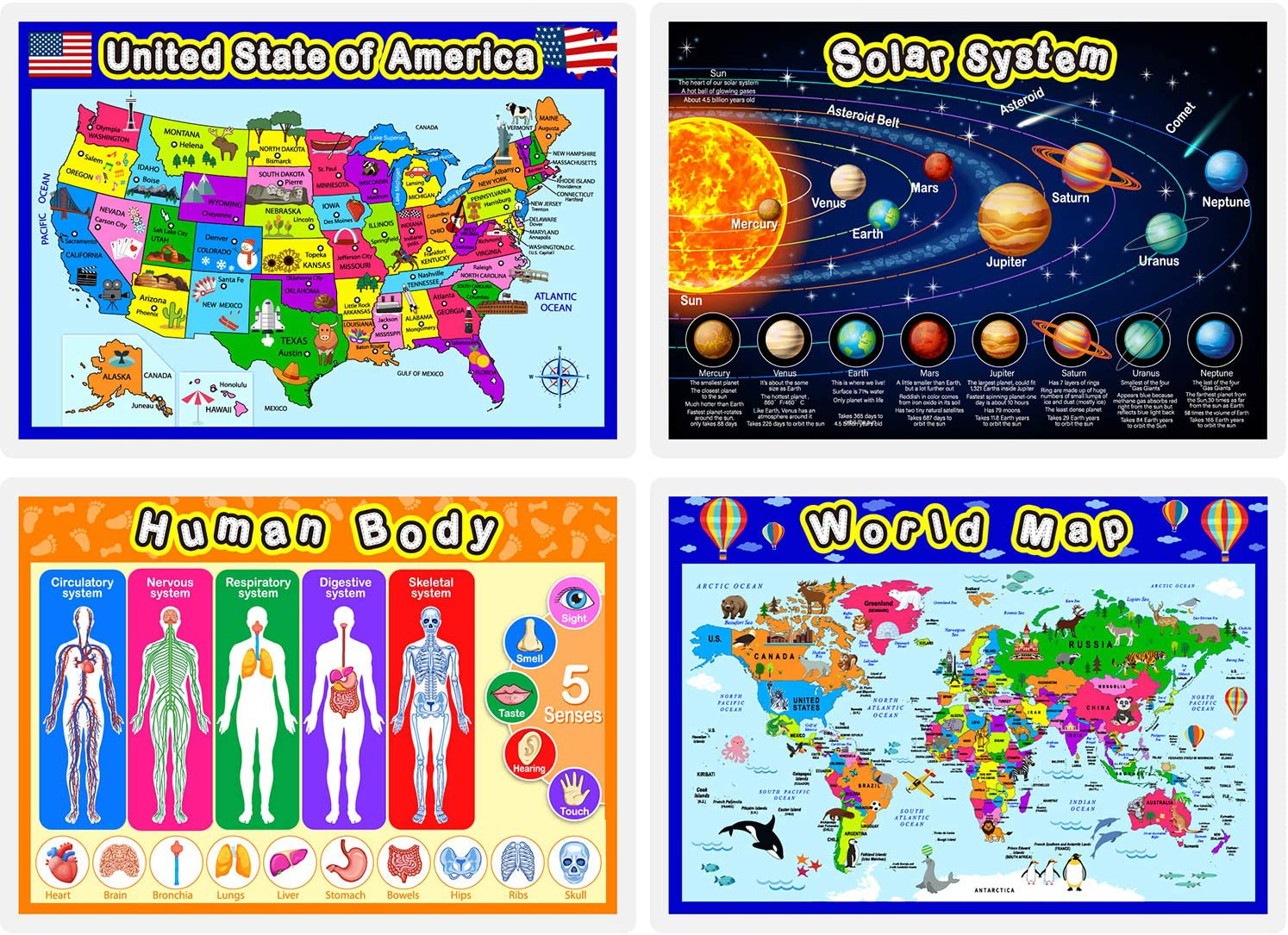 Fully Laminated Preschool Educational Posters for Kids and Toddlers, Nursery Homeschool Pre-K Kindergarten (4 Pieces, World Map, USA Map, Solar System, Human Body)