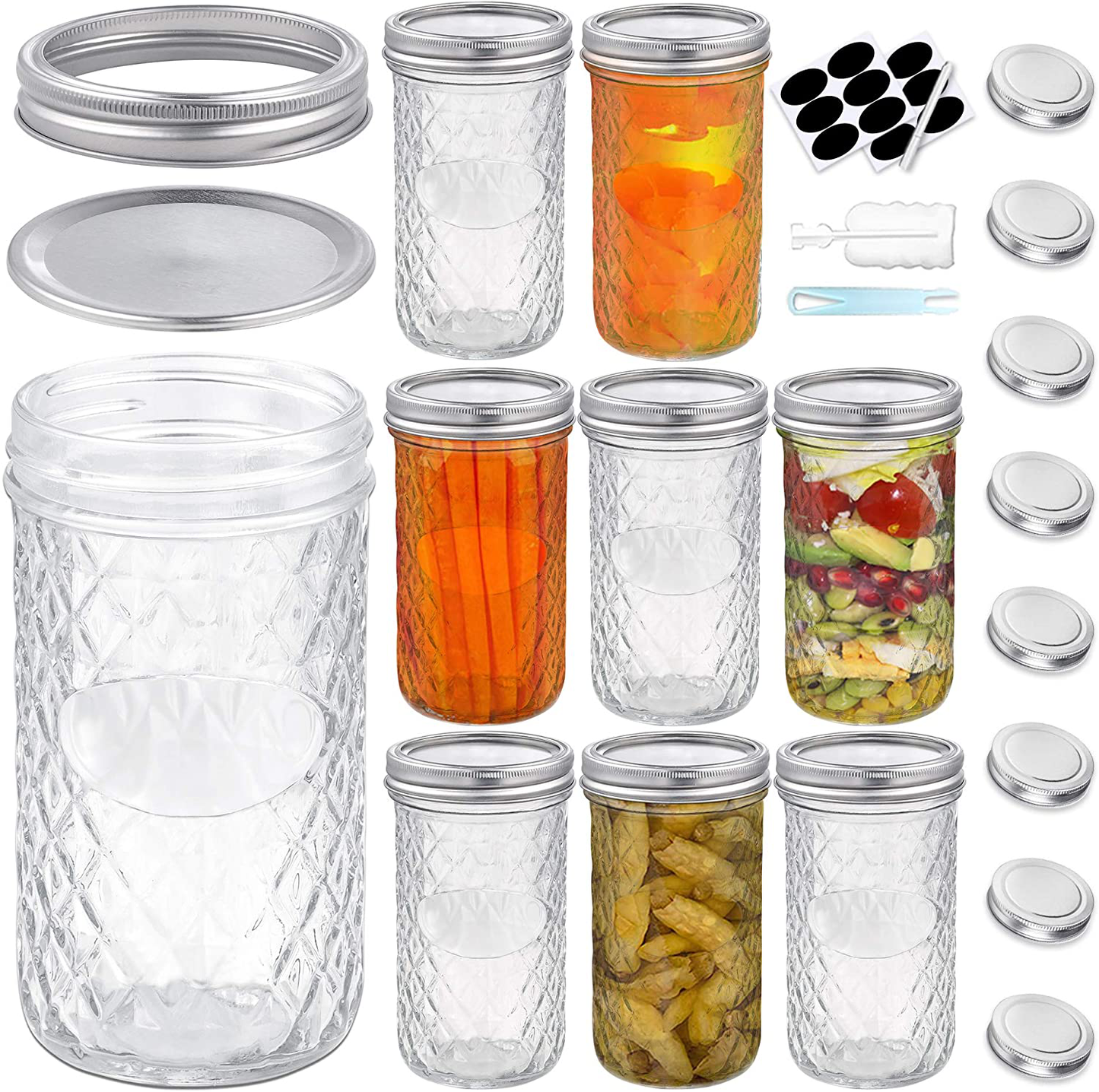 Foruisin 12 OZ (8-Set) Regular Mouth Mason Jars with Lids and Bands, Quilted Crystal Style Glass Canning Jars, Ideal for Jellies, Smoothies, Salsas, Relishes, Pie Fillings, Fruits and vegetables