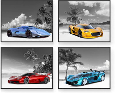 Beach Sport Car Poster, Kids Posters for Boys Room - Set of 4 (8x10in) Sports Car Room Decor, Wall Decor Cars Posters - Sports Theme Bedroom, Boys Room Wall Art Unframed Sports Car Decor