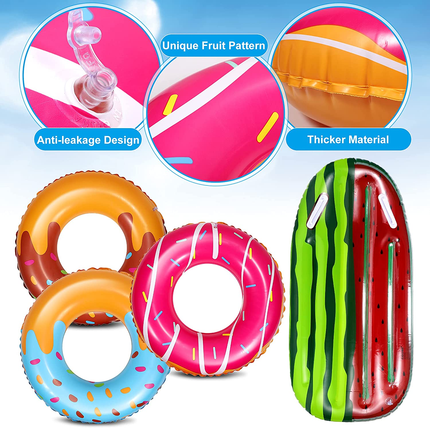 4 Pack Inflatable Float Summer Ring with Donut Designs and Watermelon Surfboard Swimming Pool Float Toys for Summer Water Parties Outdoor Water Activities