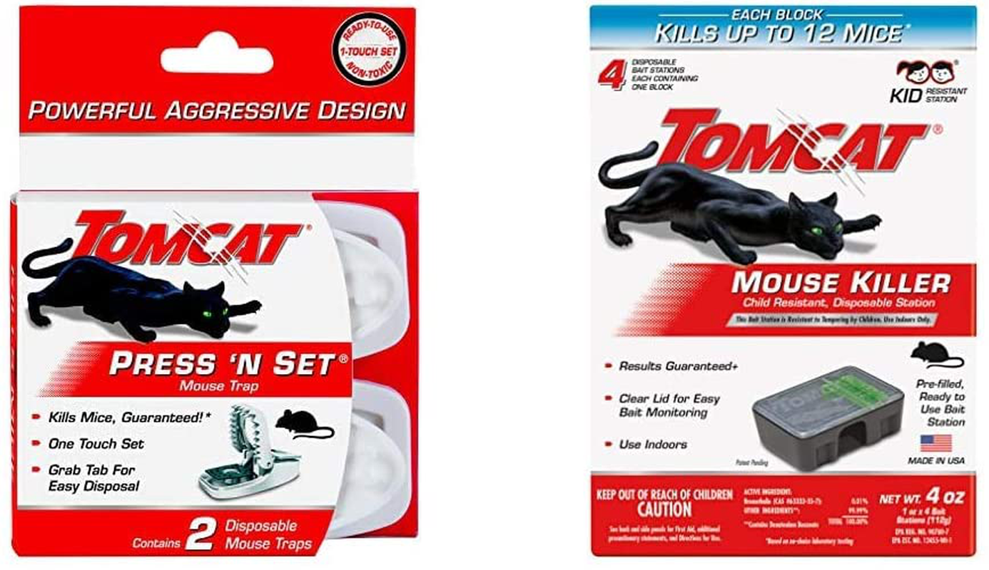 Tomcat Press 'N Set Mouse Trap, 2 Traps & Mouse Killer Disposable Station for Indoor Use - Child Resistant, 4 Stations with 1 Bait Each