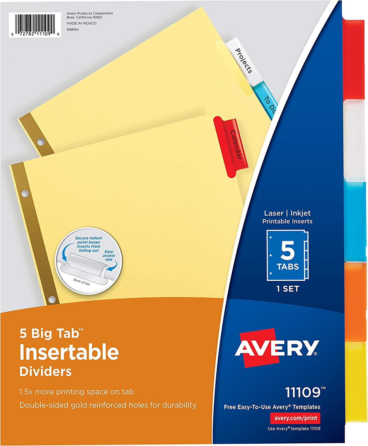 Avery 11109 5-Tab Binder Dividers, Insertable Multicolor Big Tabs, 6 Sets