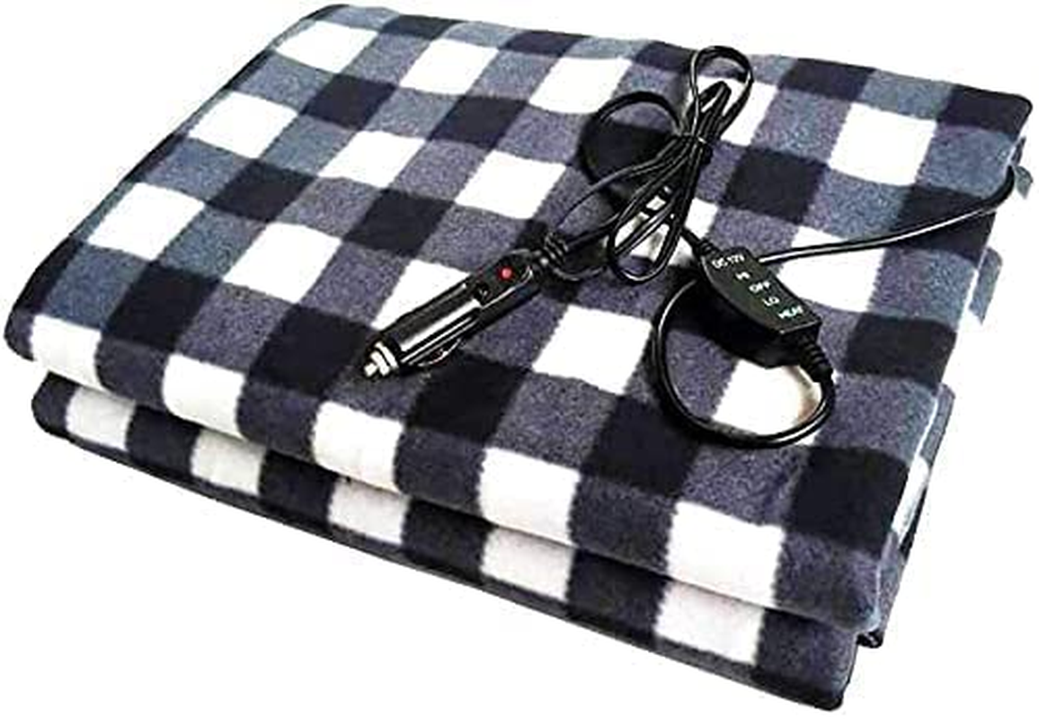 Car Heated Blanket, 12V Heating Electric Blanket Throw 3 Heating Levels Fleece Heating Blanket for Travel Camping Picnic Heater (Black&White)
