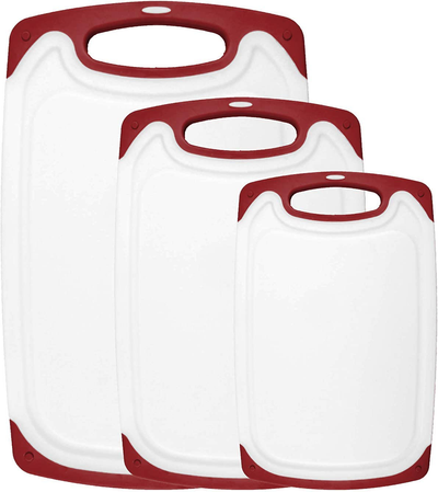 HOMWE Kitchen Cutting Board (3-Piece Set) - Juice Grooves with Easy-Grip Handles, Non-Porous, Dishwasher Safe - Multiple Sizes - Red