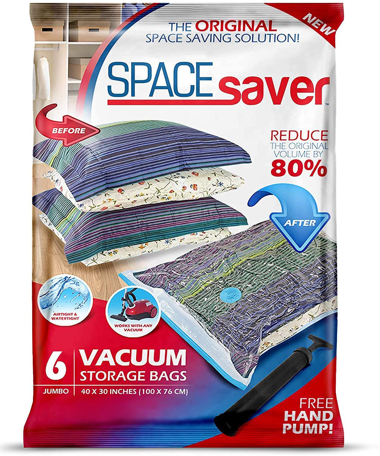 Spacesaver Premium Vacuum Storage Bags. 80% More Storage! Hand-Pump for Travel! Double-Zip Seal and Triple Seal Turbo-Valve for Max Space Saving! (Jumbo 6 Pack)