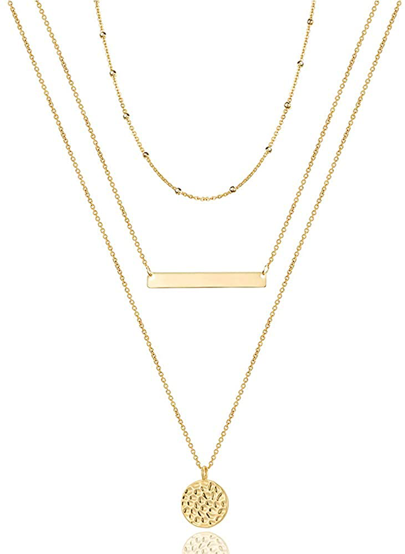 Turandoss Dainty Layered Choker Necklace, Handmade 14K Gold Plated Y Pendant Necklace Multilayer Bar Disc Necklace Adjustable Layering Choker Necklaces for Women