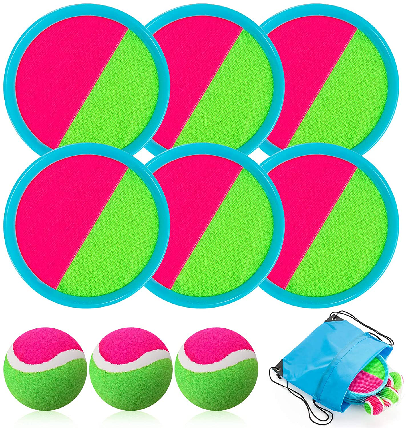 Toss and Catch Ball Set, Catch Game Toys for Kids, Beach Toys Paddle Ball Game Set with 6 Paddles and 3 Balls, Perfect Outdoor Games Sets Playground Sets for Backyards for Kids/Adults/Family