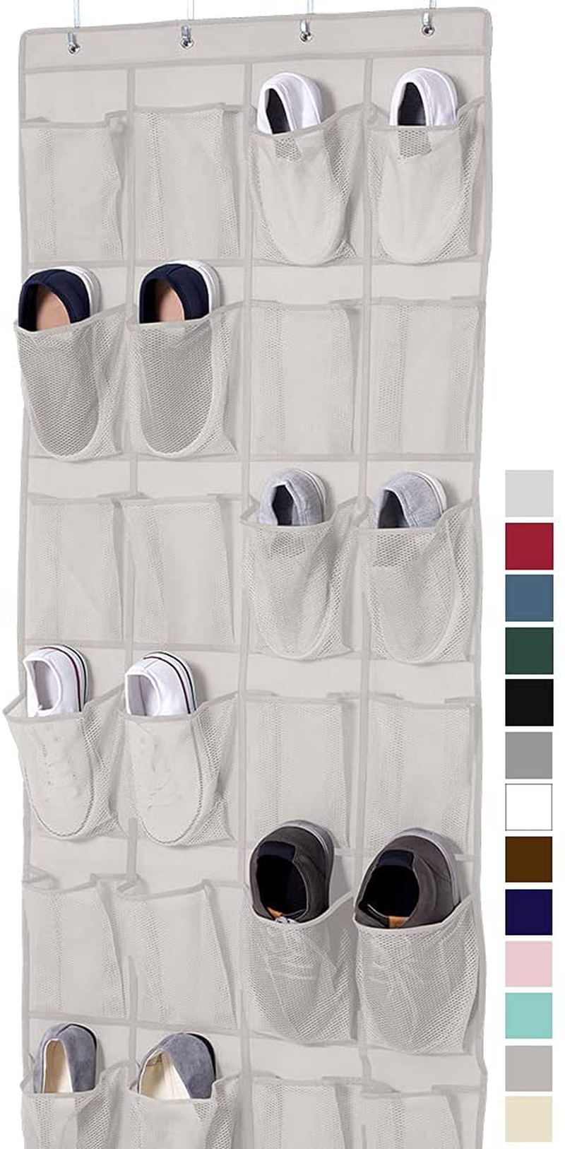 Gorilla Grip Large 24 Pocket Shoe Organizer, Breathable Mesh, Holds Up to 40 Pounds, Sturdy Hooks, Space Saving, Over Door, Storage Rack Hangs on Closets for Shoes, Sneakers or Home Accessories, Linen