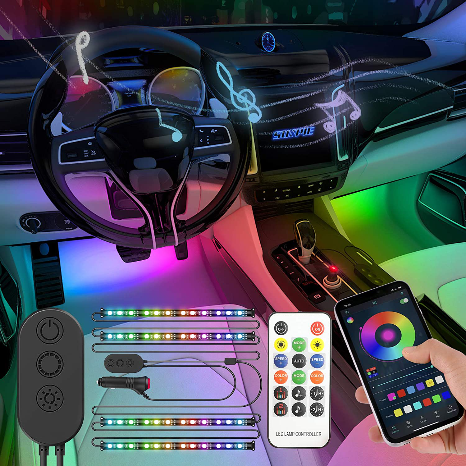 SUNPIE Car LED Interior Light Strip with App and Remote Car Strip LED Lights LED Sync to Music Color Changing 12V Cigarette Lighter for Sedan SUV Truck Wagon Sequential Pattern, Dream Color