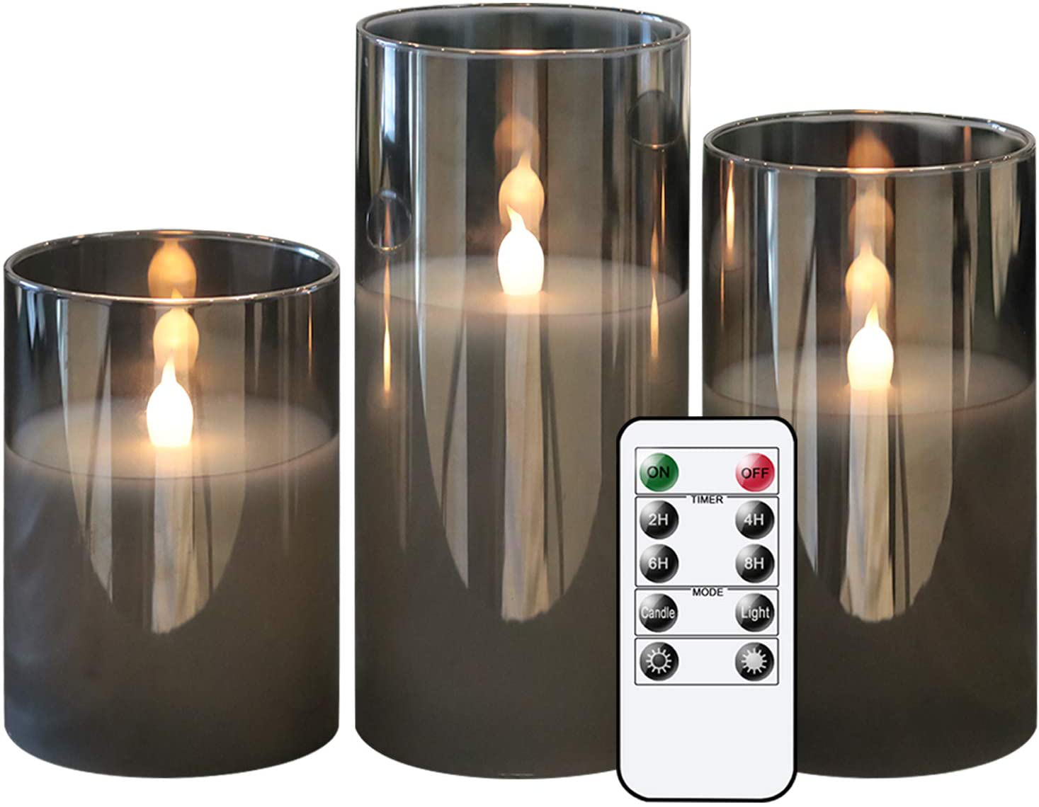 Genswin Gray Glass Battery Operated Flameless Led Candles with 10-Key Remote and Timer, Real Wax Candles Warm White Flickering Light for Home Decoration(Set of 3)
