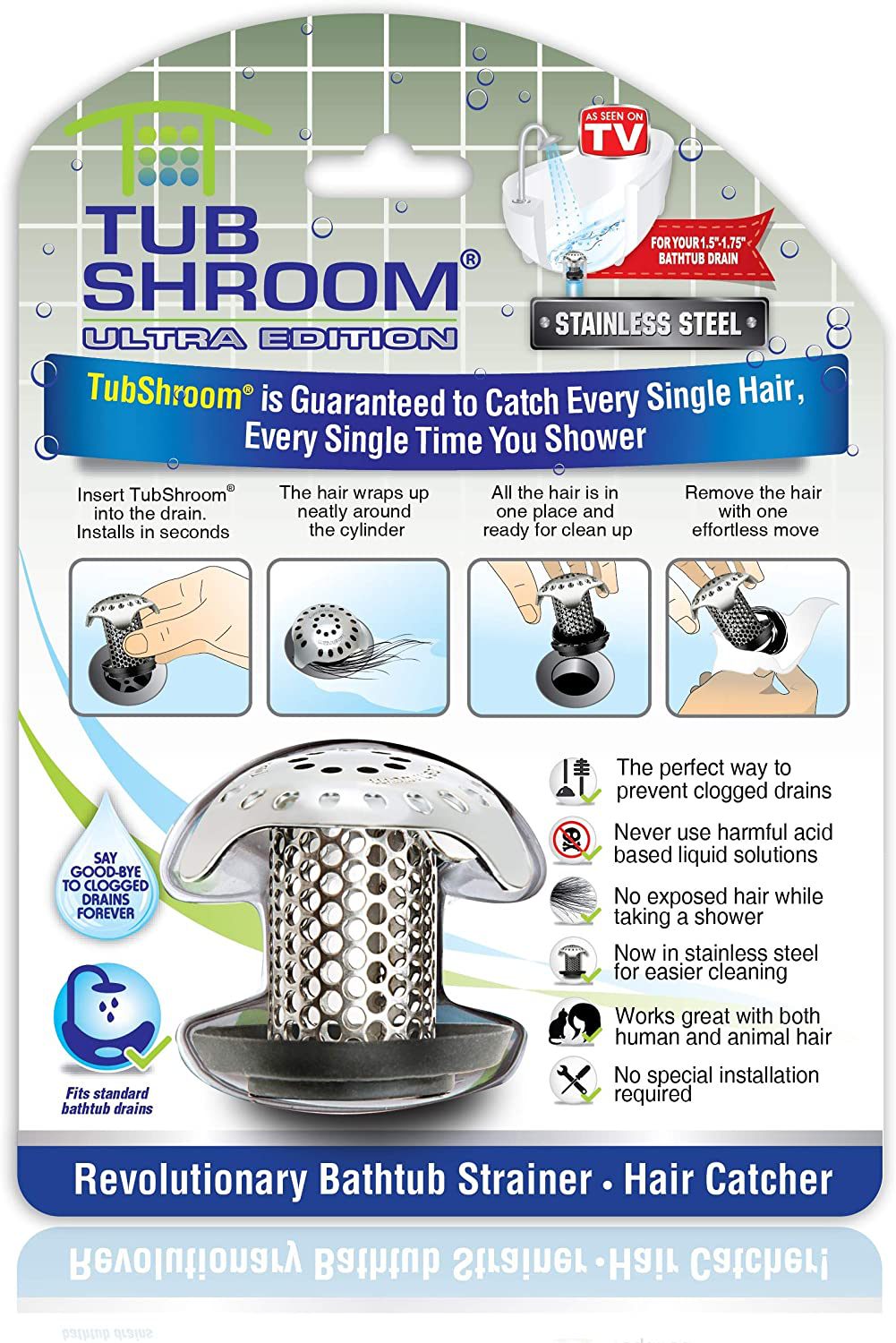 TubShroom Ultra Revolutionary Bath Tub Drain Protector Hair Catcher/Strainer/Snare, Stainless Steel