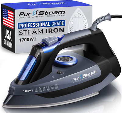 Professional Grade 1700W Steam Iron for Clothes with Rapid Even Heat Scratch Resistant Stainless Steel Sole Plate, True Position Axial Aligned Steam Holes, Self-Cleaning Function