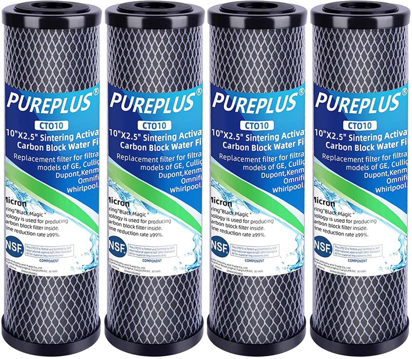 1 Micron 2.5" x 10" Whole House CTO Carbon Water Filter Cartridge Replacement for Countertop Water Filter System, Dupont WFPFC8002, WFPFC9001, FXWTC, SCWH-5, WHEF-WHWC, WHCF-WHWC, AMZN-SCWH-5, 4Pack