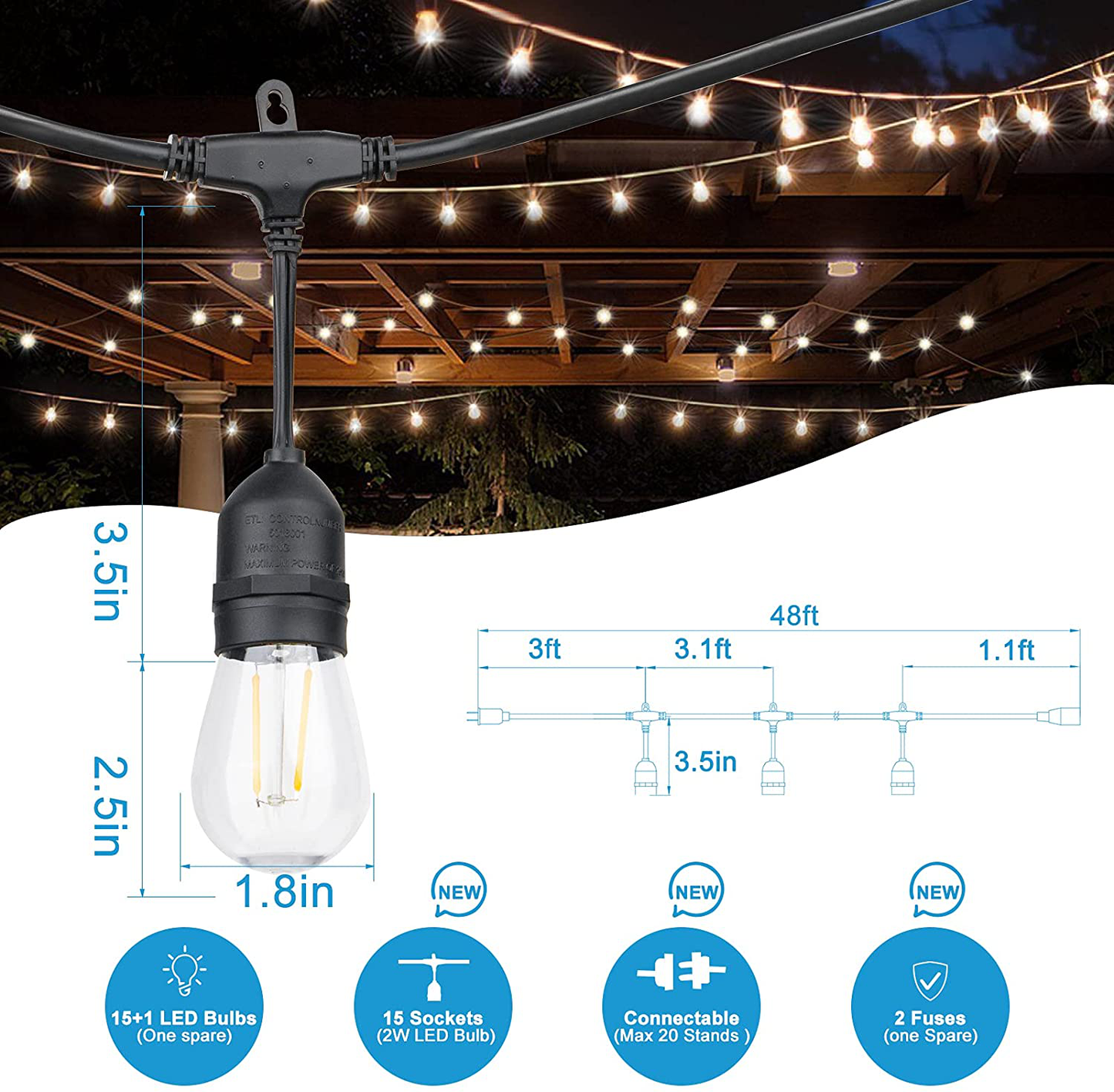 ETL Listed Outdoor Linkable 48ft led Heavy-Duty String Light with 15+1(Spare) 2W Energy-Saving PC Shatterproof Bulbs 2300K Warmwhite for Patio Garden Backyard Porch