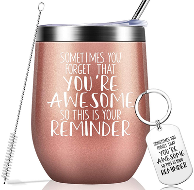 Sometimes You Forget That You are Awesome - Thank You Gifts, Funny Inspirational Birthday Graduation Gifts for Women, Men, Coworker, Friends - Vacuum Insulated Tumbler with Keychain Rose Gold 12oz