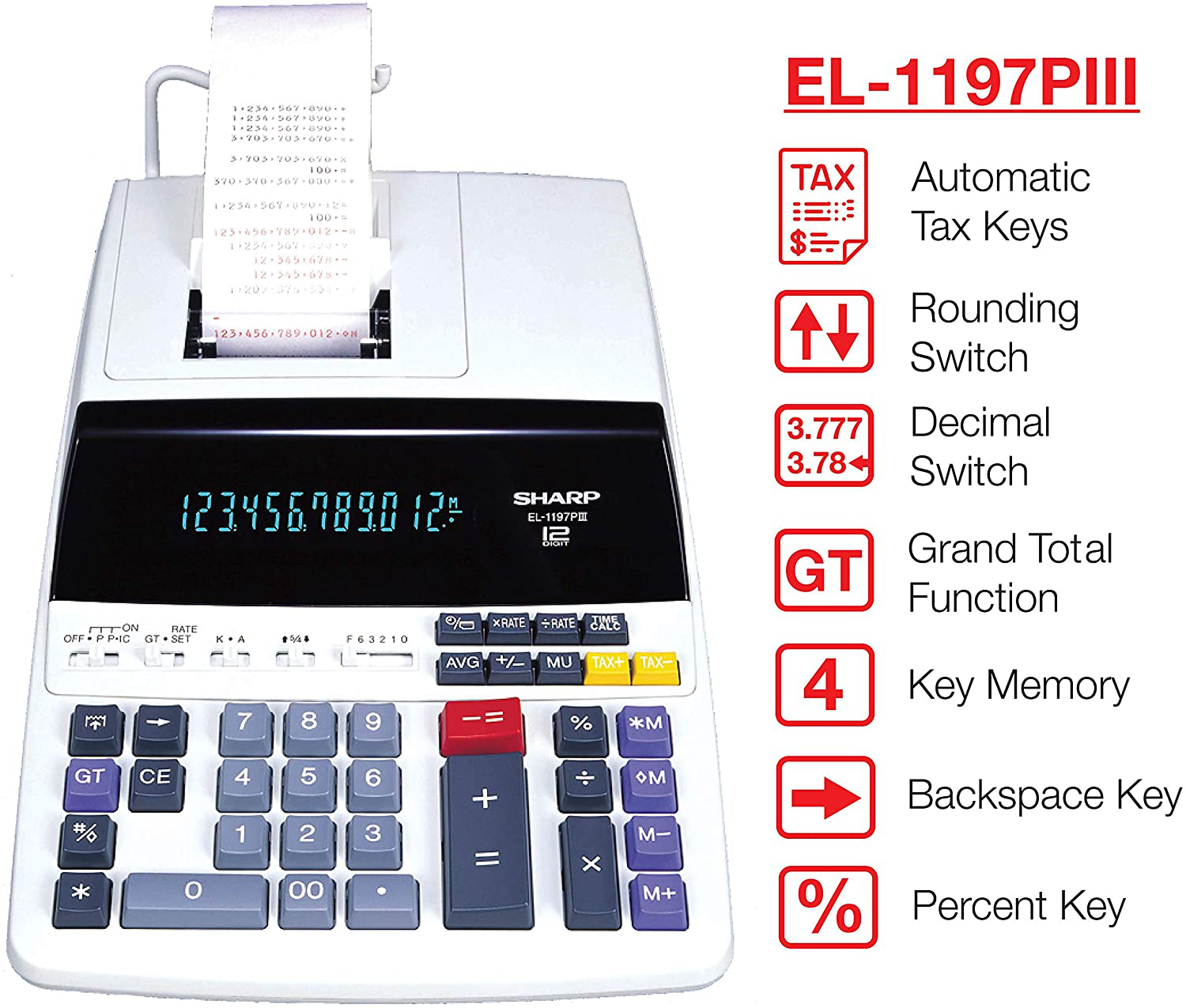 Sharp EL-1197PIII Heavy Duty Color Printing Calculator with Clock and Calendar