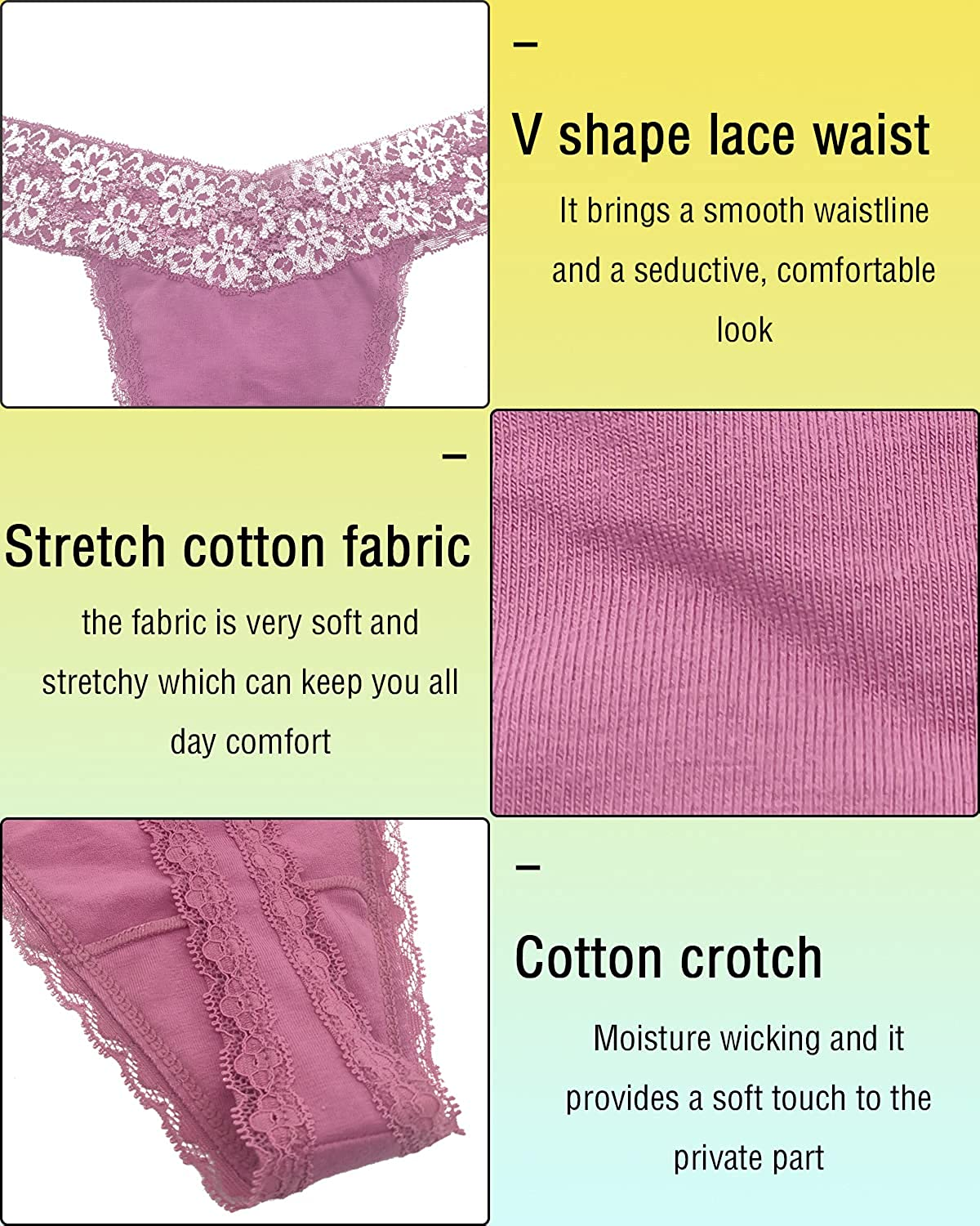 Women'S Sexy Lace Cotton Thongs Low Waist Underwear Soft Seamless Panties 6-Pack