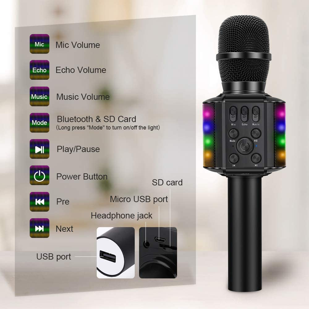 BONAOK Wireless Bluetooth Karaoke Microphone with controllable LED Lights, 4 in 1 Portable Karaoke Machine Mic Speaker Birthday Home Party for All Smartphones