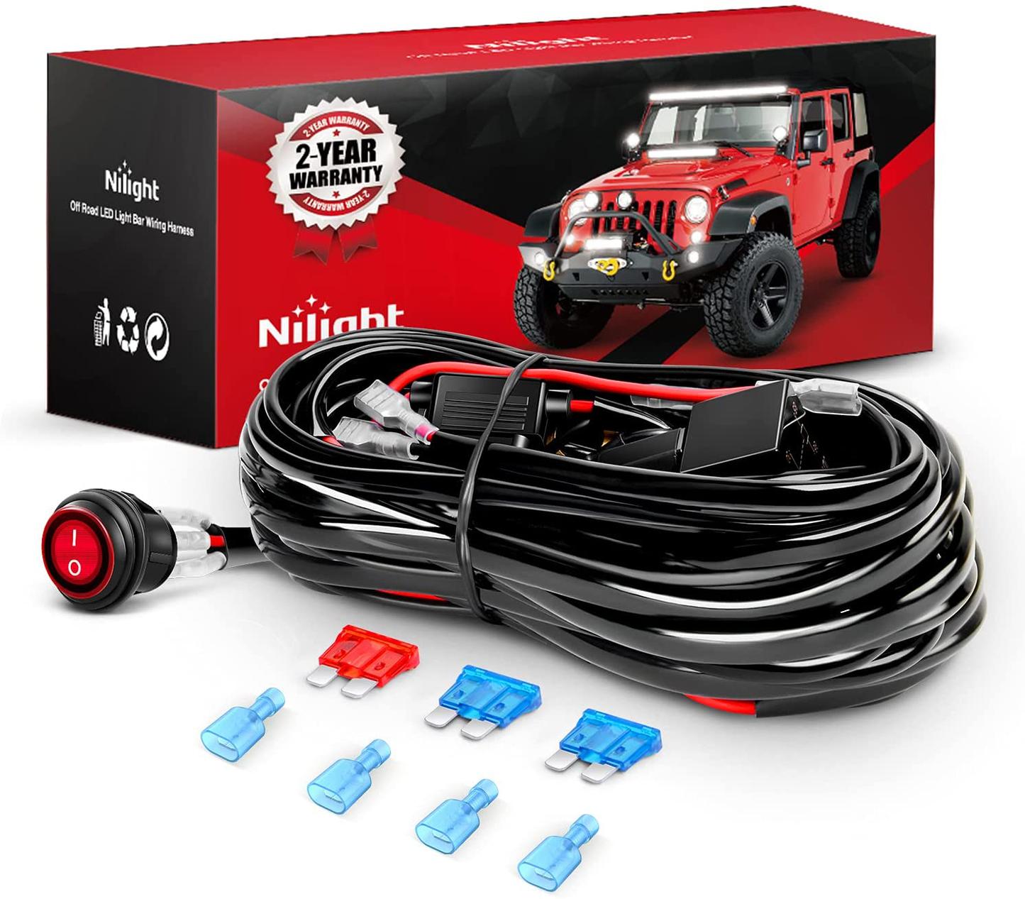 Nilight - NI -WA 06 LED Light Bar Wiring Harness Kit - 2 Leads 12V On Off Switch Power Relay Blade Fuse for Off Road Lights LED Work Light, 2 Years Warranty