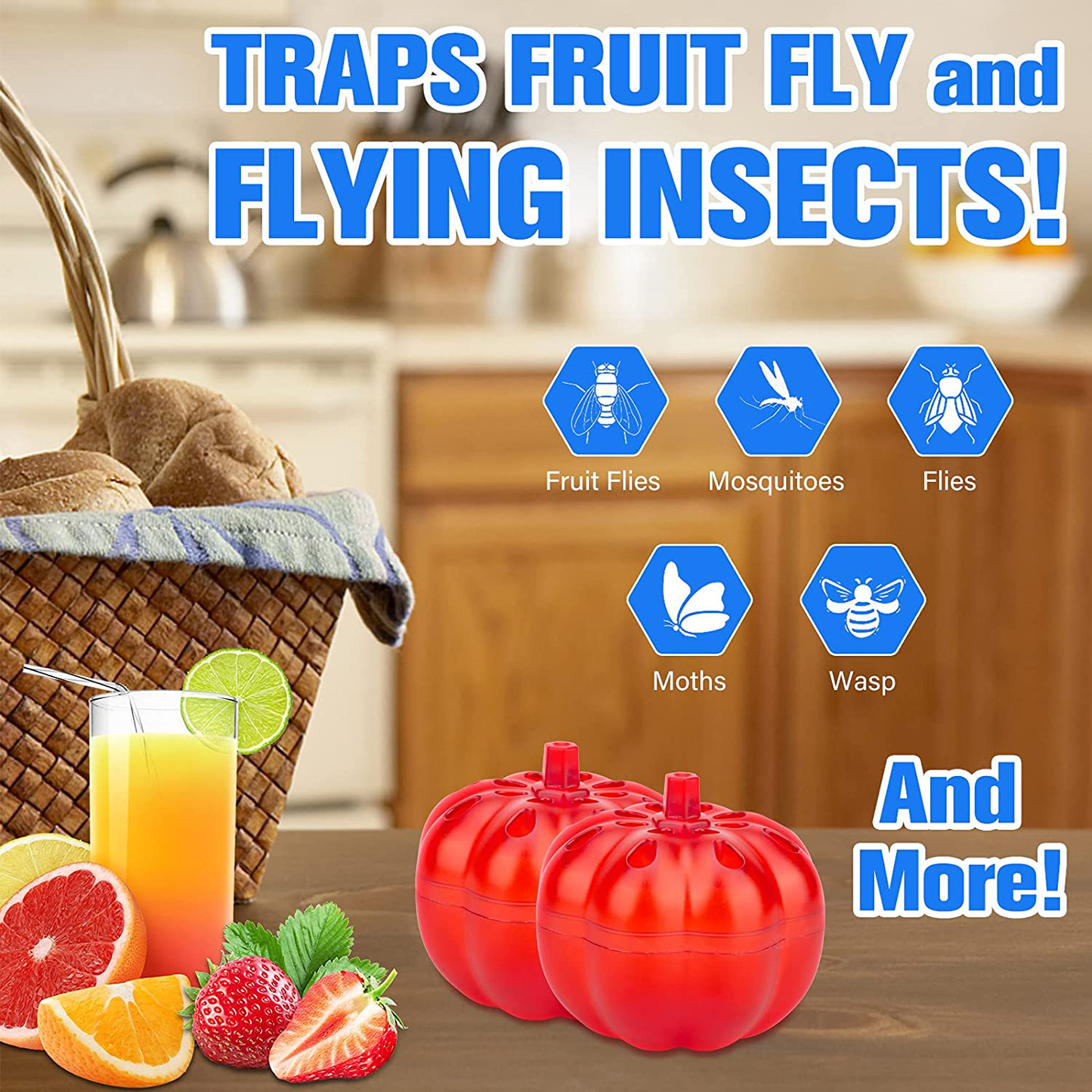 Burxoe Fruit Fly Trap,Reusable Fruit Fly Traps for Kitchen, Fruit Fly Traps Indoor Sticky, Fly Trap Refill,Fly Catcher for Food Areas Safe Non-Toxic Odorless 2 Packs Pumpkin Shape