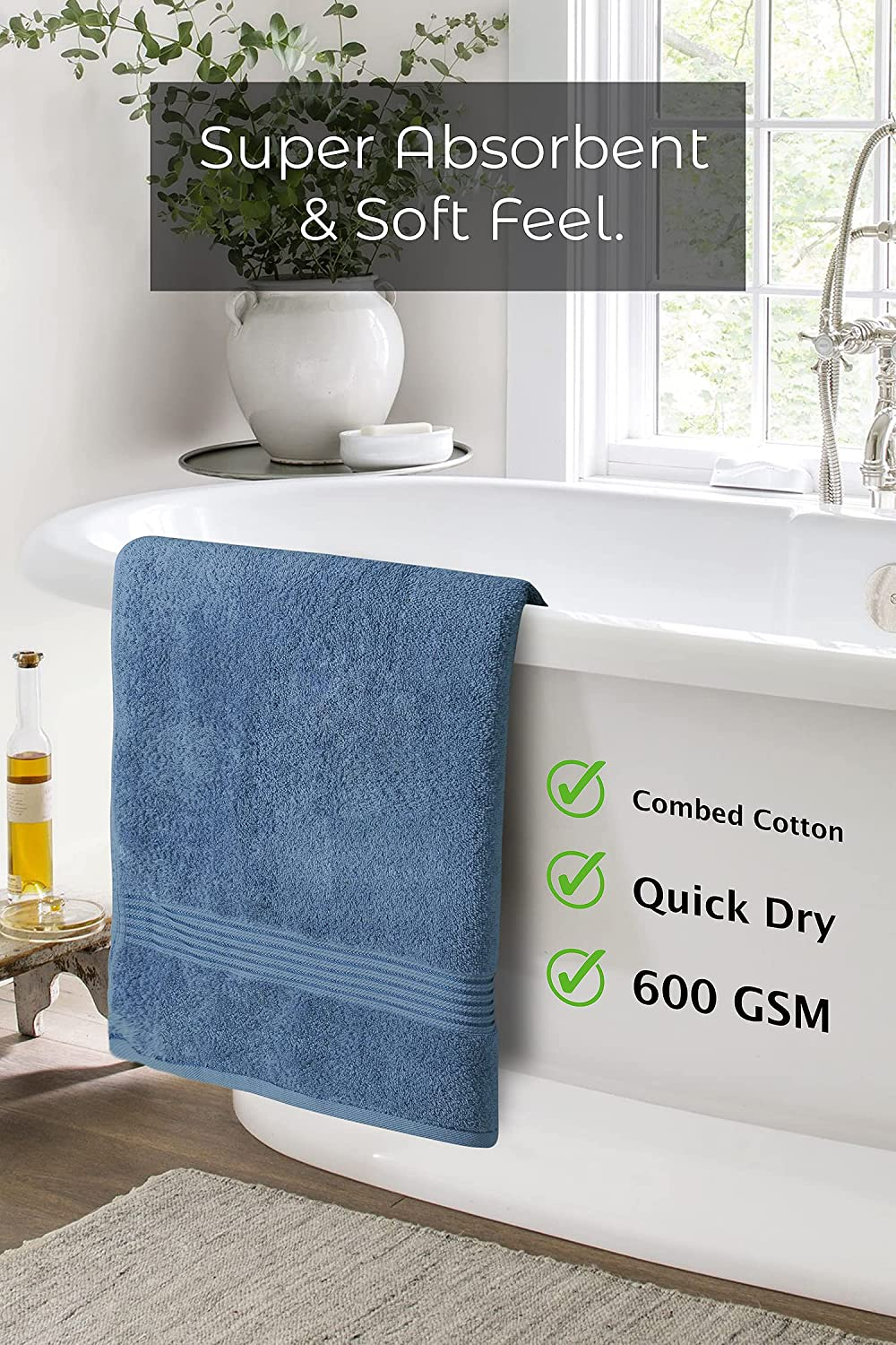 Bath Towels 27" X 54" Set of 4 Ultra Soft 600 GSM 100% Combed Cotton Large Towels for Bathroom, Highly Absorbent Daily Usage Bath Towel Set Ideal for Pool, Home, Gym, Spa, Hotel (Blue)