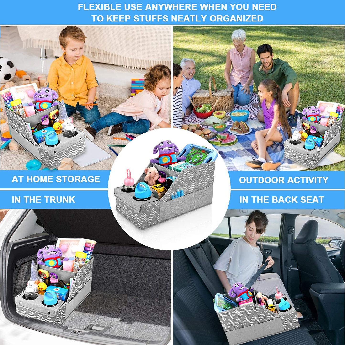 Collapsible Front & Backseat Car Organizer with Movable Dividers | Multifunction Seat Back Organization for Kids | Easy to Move and Clean & Large Capacity Kids Car Seat Organizer