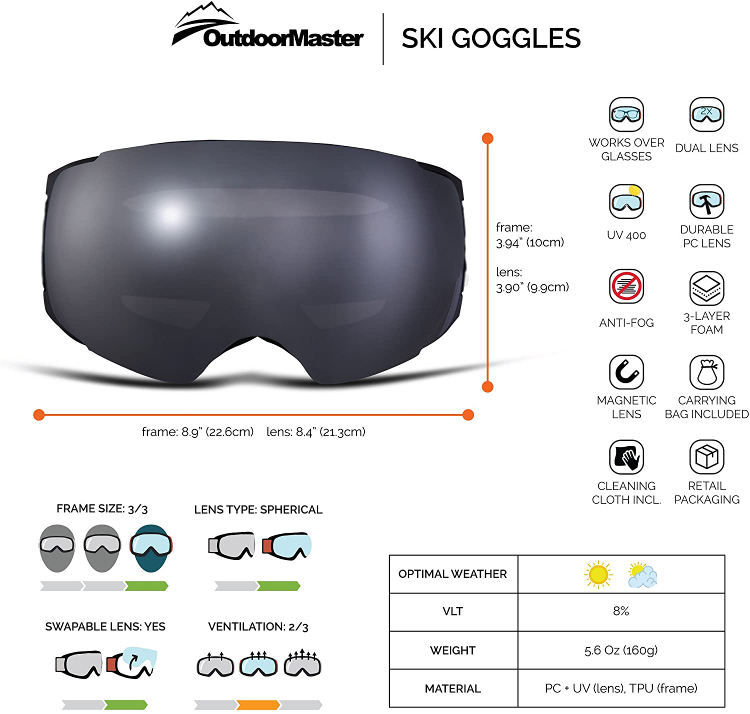 Outdoormaster Ski Goggles PRO - Frameless, Interchangeable Lens 100% UV400 Protection Snow Goggles for Men & Women