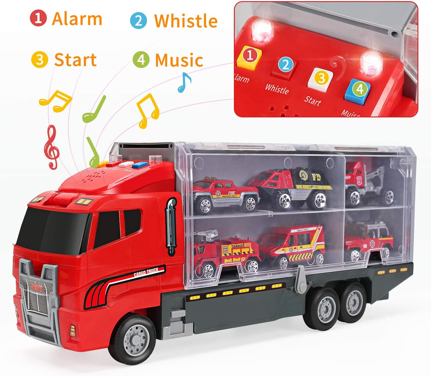 28 in 1 Fire Trucks with Sound and Light, Friction Powered Cars with 10 Mini Firetrucks, Rescue Emergency Double Side Carrier Truck Set Birthday Gift for Boys, Girls, Toddlers Kids Age 3+