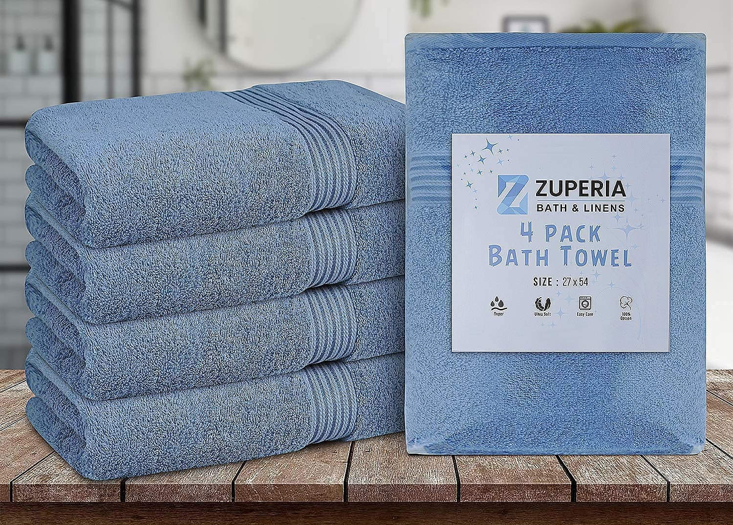 Bath Towels 27" X 54" Set of 4 Ultra Soft 600 GSM 100% Combed Cotton Large Towels for Bathroom, Highly Absorbent Daily Usage Bath Towel Set Ideal for Pool, Home, Gym, Spa, Hotel (Blue)