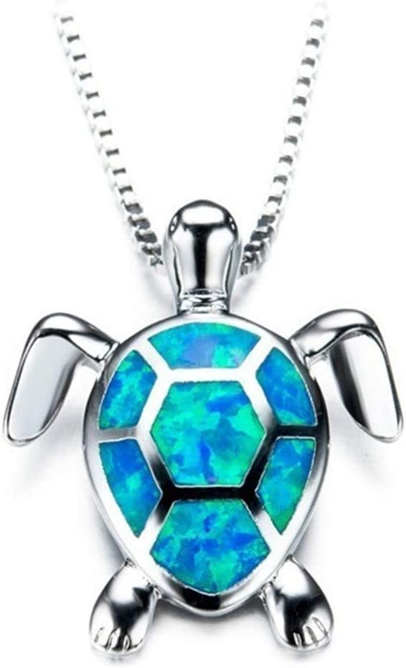 Cute Turtle Pendant Necklace Lovely Animals White Created Fire Opal Silver Chain Necklace Jewellery Gifts (Blue)