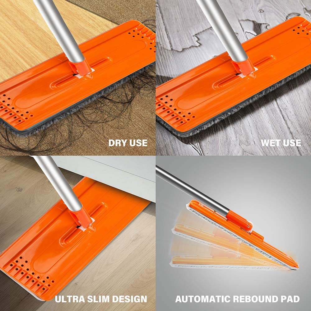 Worthland Flat Floor Mop and Bucket Set with Hands Free Squeeze Mop for Home Floor Cleaning, Telescopic Stainless Steel Handle with 4 Washable and Reusable Microfiber Pads