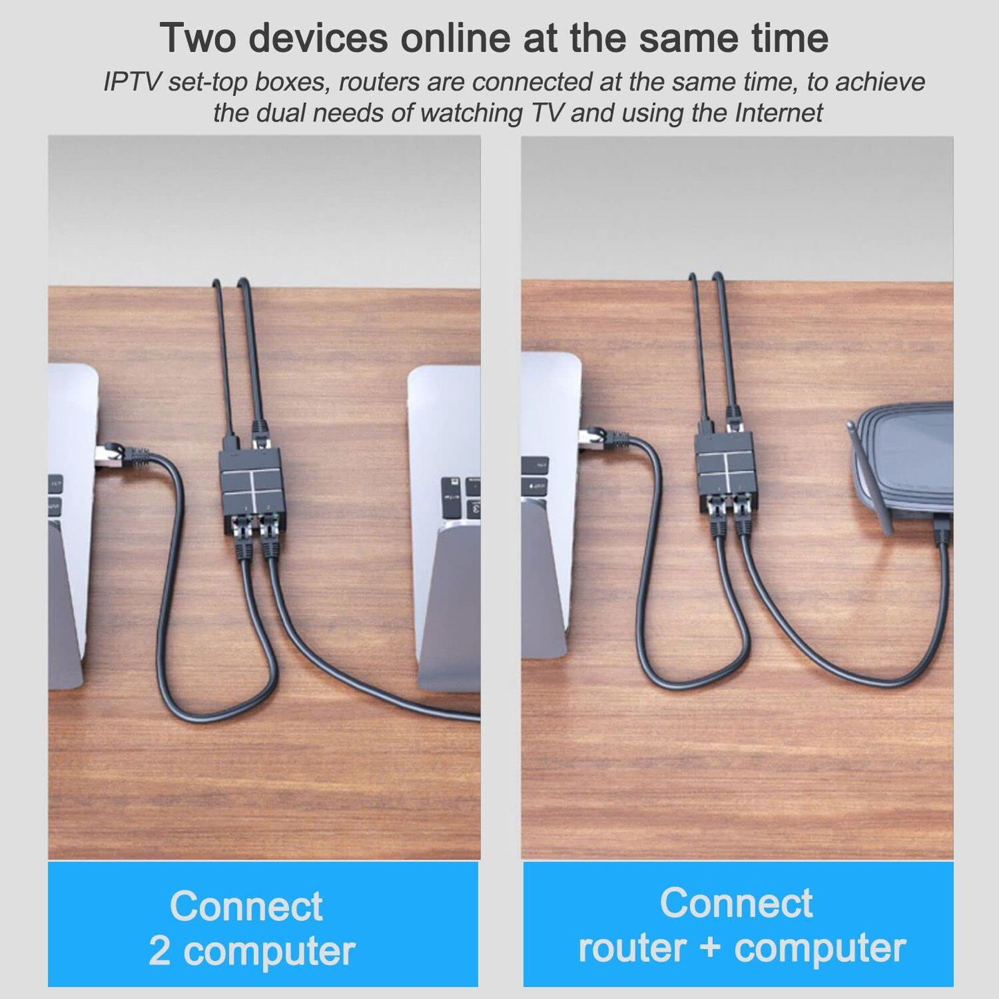 RJ45 Ethernet Switch 1 to 2, RJ45 Ethernet Extender 1 Female to 2 Female Support Two Devices Online at the Same Time.