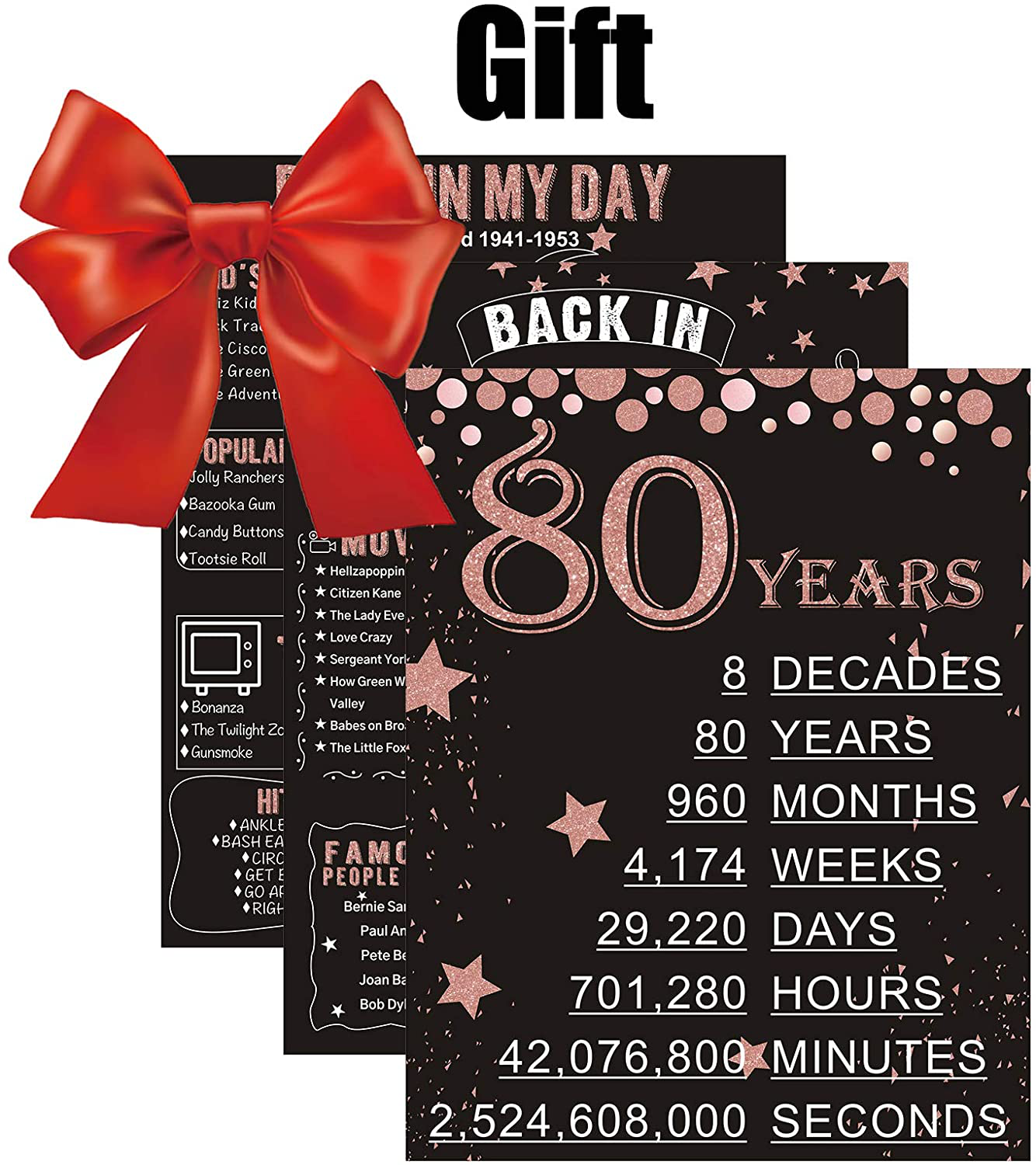 Homanga 80th Birthday Decorations for Women or Men, Rose Gold 3 Pieces 11”x 14” Back In 1941 Poster, 80 Years Party Wedding Anniversary Decoration Supplies, 80th Gifts for Women Her