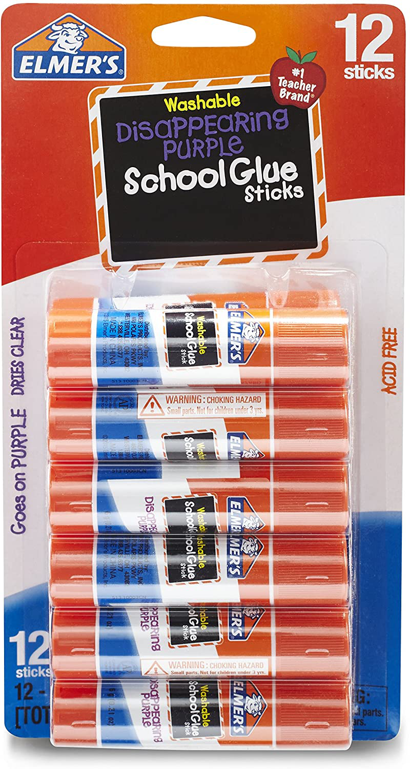 Elmer's Disappearing Purple School Glue Sticks, Washable, 0.21 Ounce Glue Sticks for Kids | School Supplies | Scrapbooking Supplies | Vision Board Supplies, 12 Count