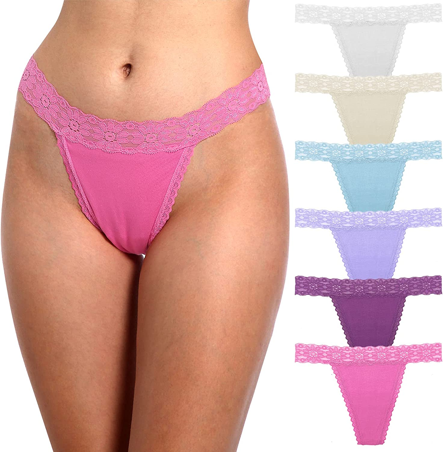 Women'S Sexy Lace Cotton Thongs Low Waist Underwear Soft Seamless Panties 6-Pack