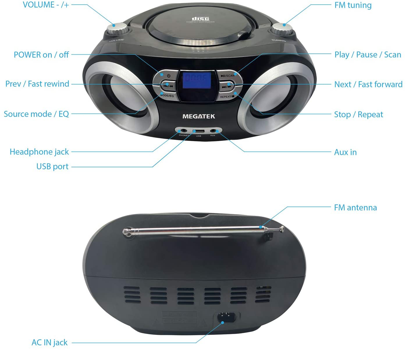 Megatek CB-M25BT Portable CD Player Boombox with FM Stereo Radio, Bluetooth Wireless & Enhanced Sound, CD-R/CD-RW/MP3/WMA Playback, USB Port, AUX Input, Headphone Jack, LCD Display, AC/Battery Powered