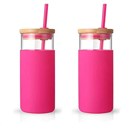 tronco 20oz Glass Tumbler Glass Water Bottle Straw Silicone Protective Sleeve Bamboo Lid - BPA Free (Watermelon/2-Pack)