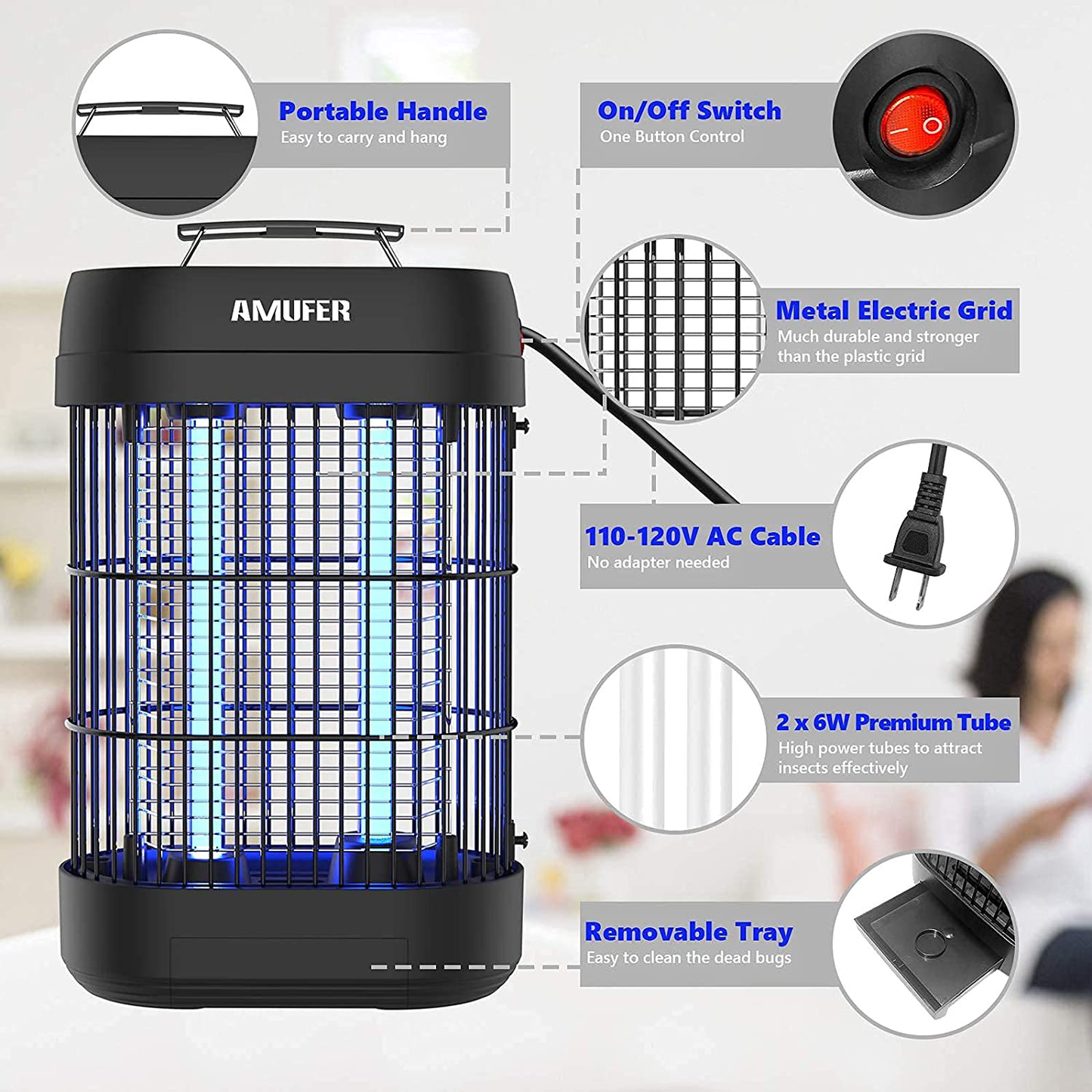 Bug Zapper, AMUFER Effective 1800V Electric Mosquito Zapper Killer Trap Fly Zapper Insect Zapper with 2 Powerful Metal Grids for Commercial Industrial Home Office (repalcement Bulb + Brush Included)