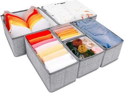 Drawer Organizer, 6 Set Foldable Underwear Drawer Organizer and Closet Dividers,Storage Box for Clothes, Socks, Underwear (6 Bins, Grey with White)