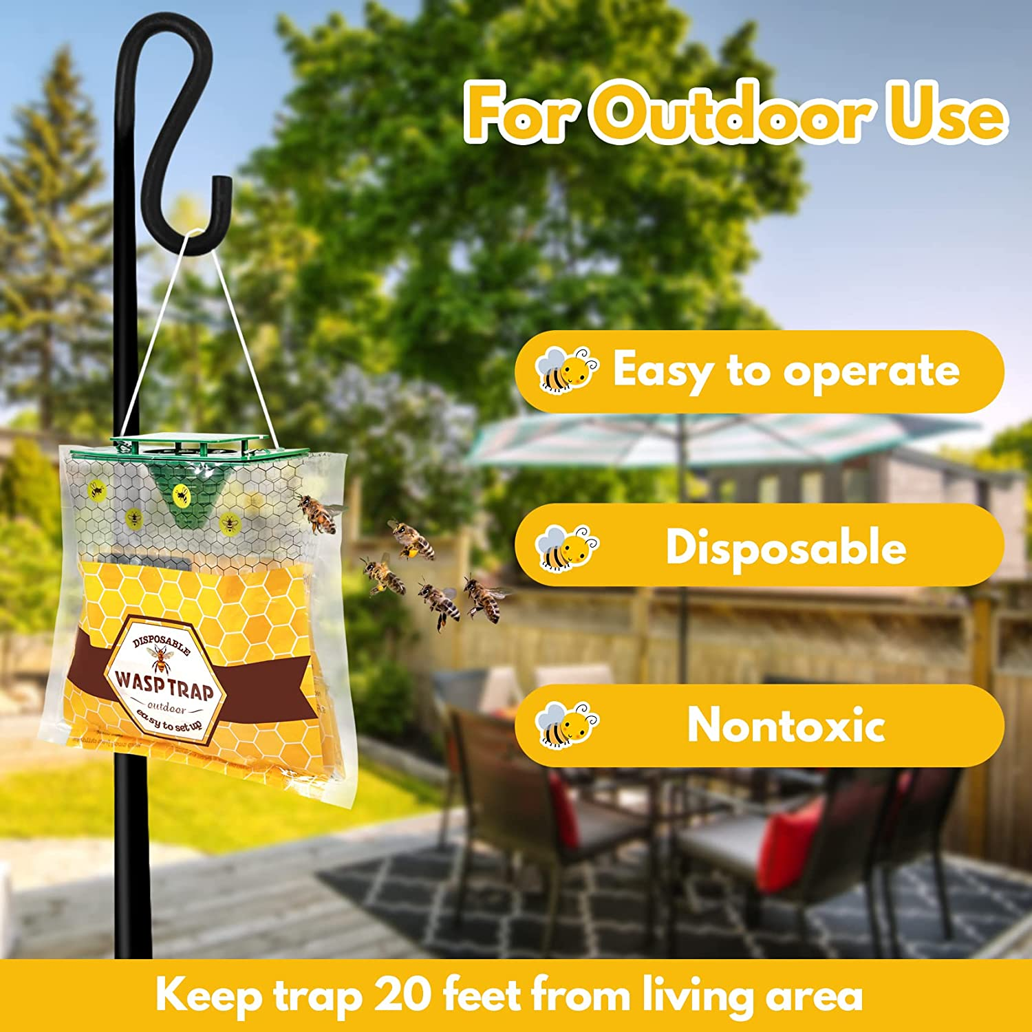 4 Pack Disposable Wasp Trap for Outside, Fly Insects Traps Bag Hanging, Hornets Trap Killer, Bee Catcher Outdoor for Yellow Jackets, Carpenter Bee, Insects and Bug