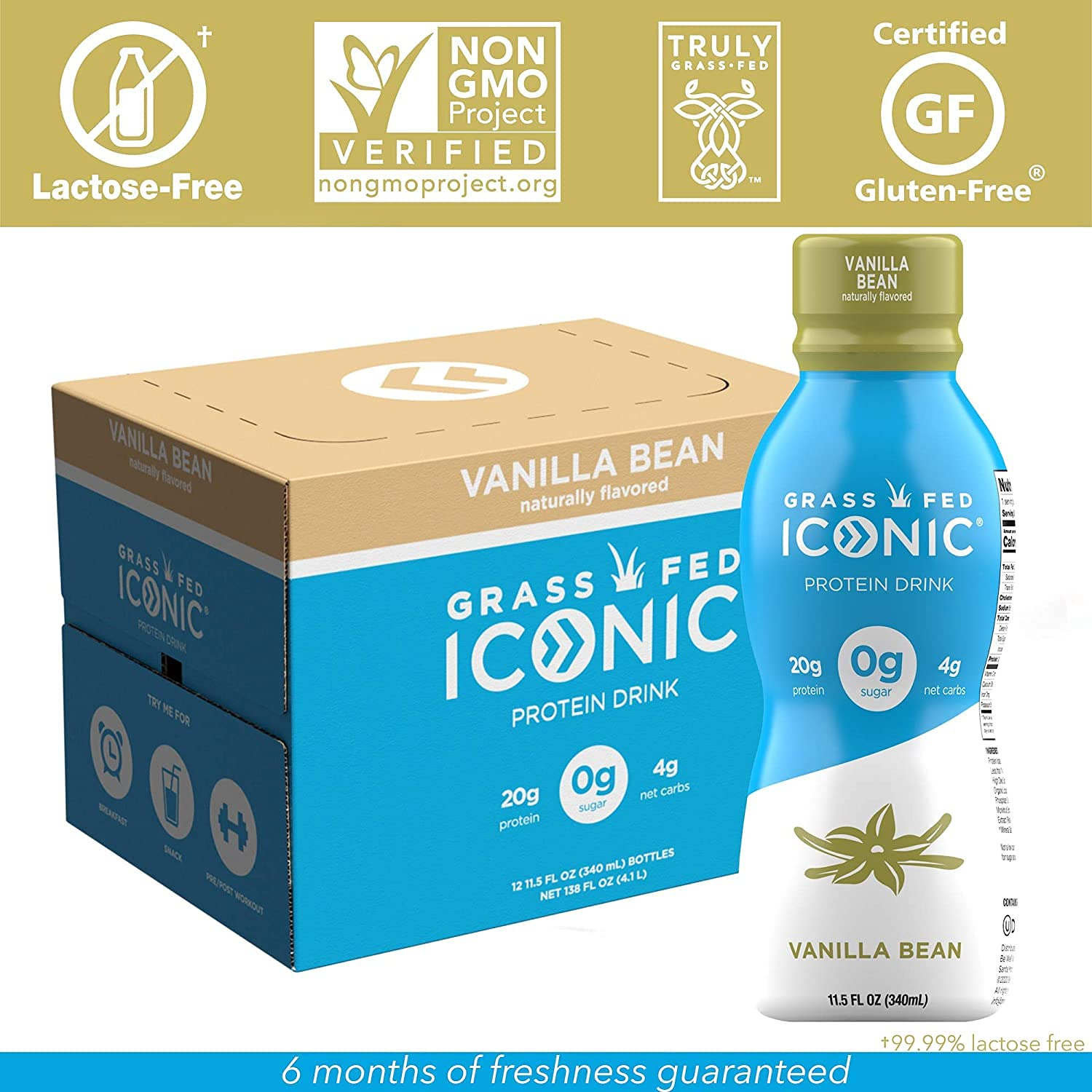 ICONIC Low Carb High Protein Drinks, Bean, Vanilla, 11.5 Fl Oz (Pack of 12)