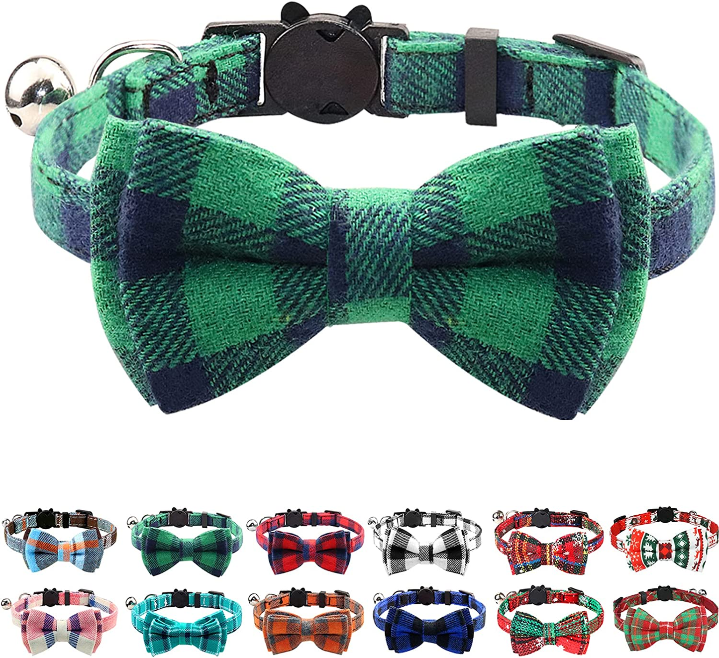 Joytale Breakaway Cat Collar with Bow Tie and Bell, Cute Plaid Patterns, 1 Pack Kitty Safety Collars,Haze Blue