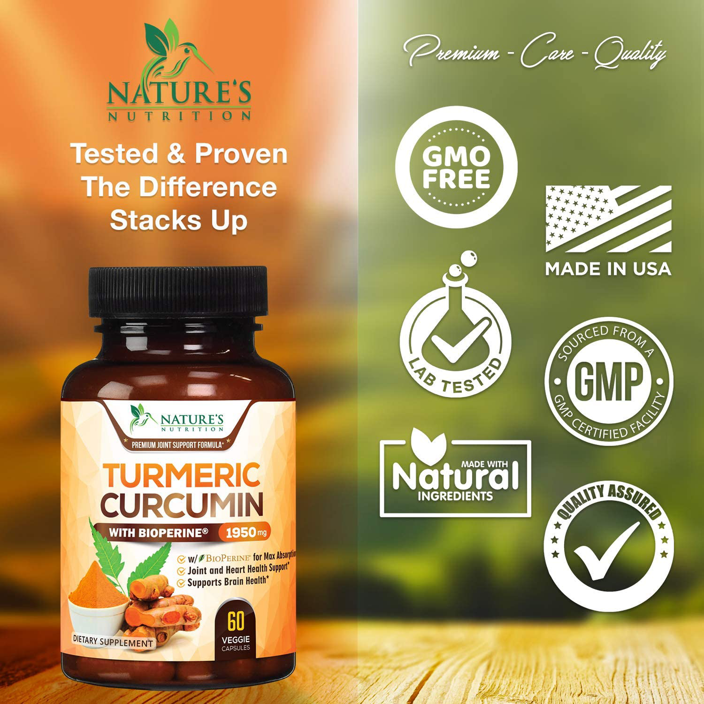 Turmeric Curcumin Highest Potency 95% Curcuminoids 1950mg with BioPerine Black Pepper for Ultra High Absorption, Made in USA, Best Vegan Joint Support by Natures Nutrition