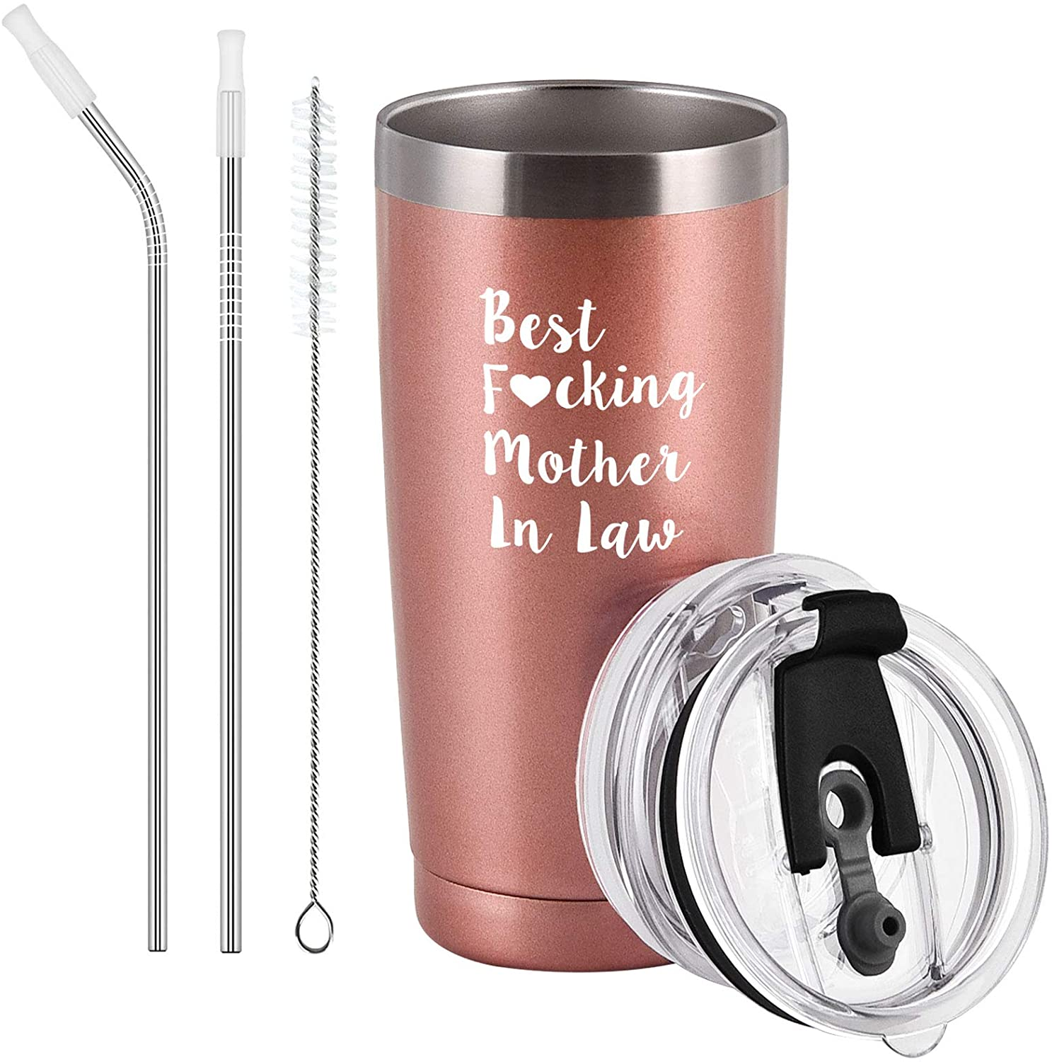Best Mother in Law Travel Tumbler, 20Oz Stainless Steel Insulated Tumbler with Straws, Rose Gold