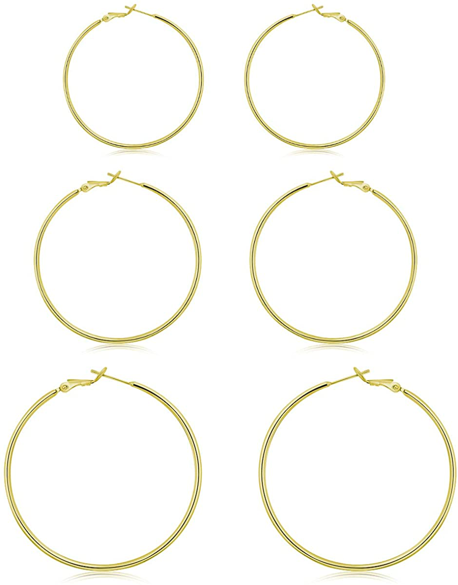 3 Pairs Sterling Silver Post Hoop Earrings - 14K White Gold Plated Hoop Earrings Big Hoop Earrings Set Silver Hoop Earrings for Women Valentine'S Day Gift (40MM 50MM 60MM) …