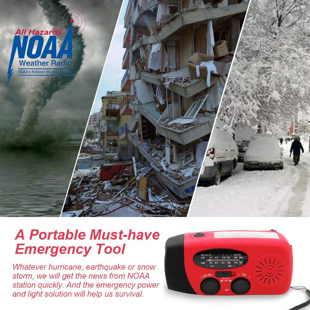 Portable Solar Emergency Weather Radio Hand Crank AM/FM NOAA Survival Radios with 2000mAh Power Bank LED Flashlight Battery Indicator for Home Camping Earthquake Emergency